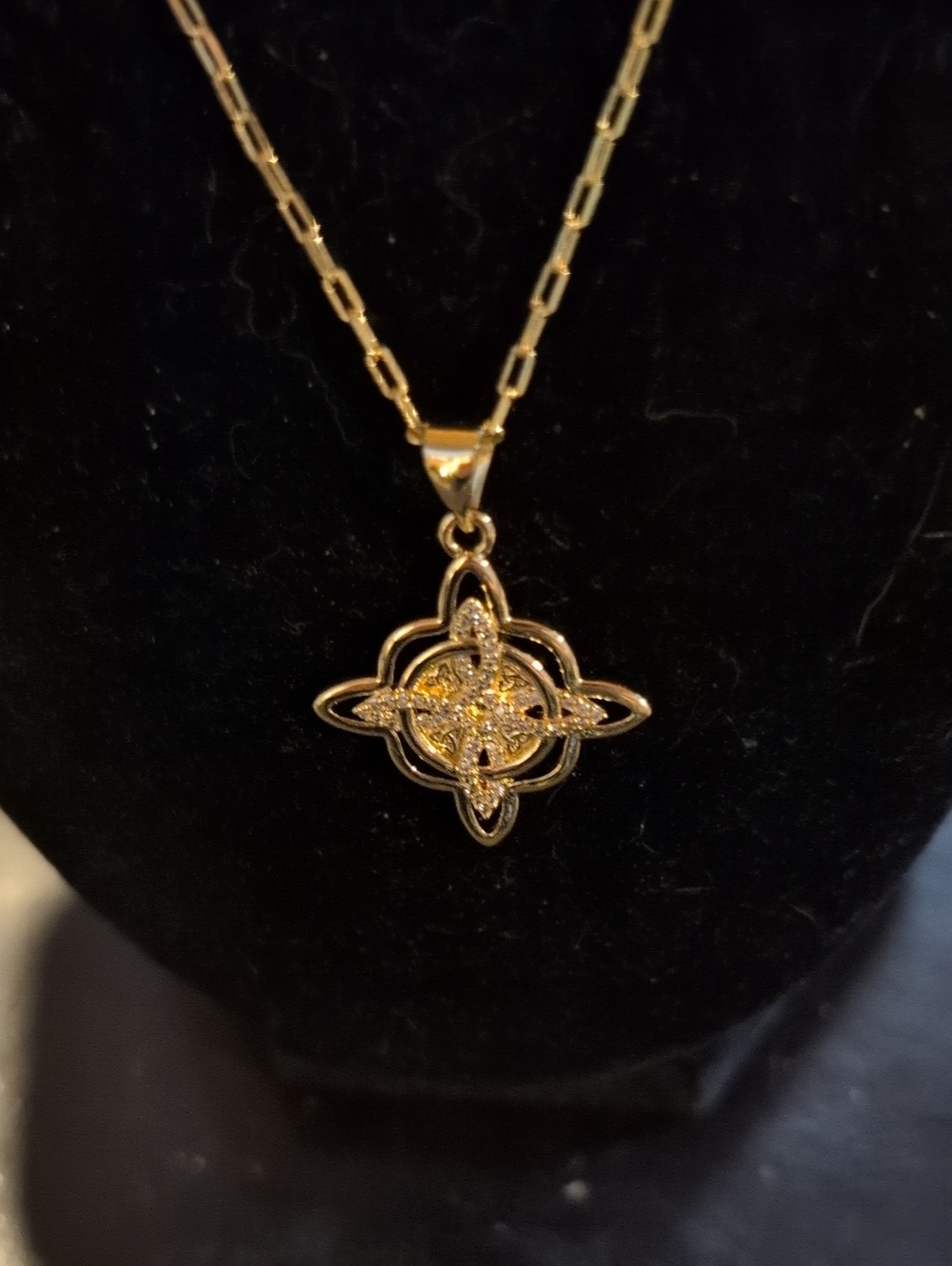 Yellow Gold Plated Floral Quatrefoil Pendant Necklace
